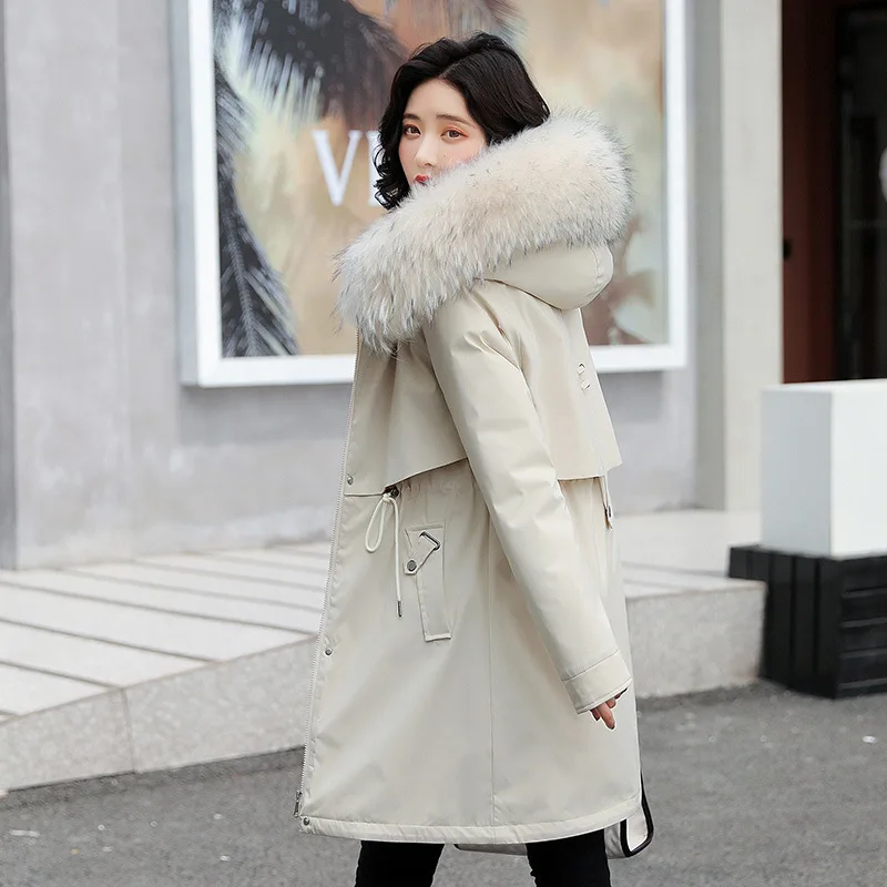 Women Mid Length Parka Korean Fashion Down Cotton Padded Jacket Winter Warmth Coat Jacket Big Fur Collar Grace Plus Size Belt