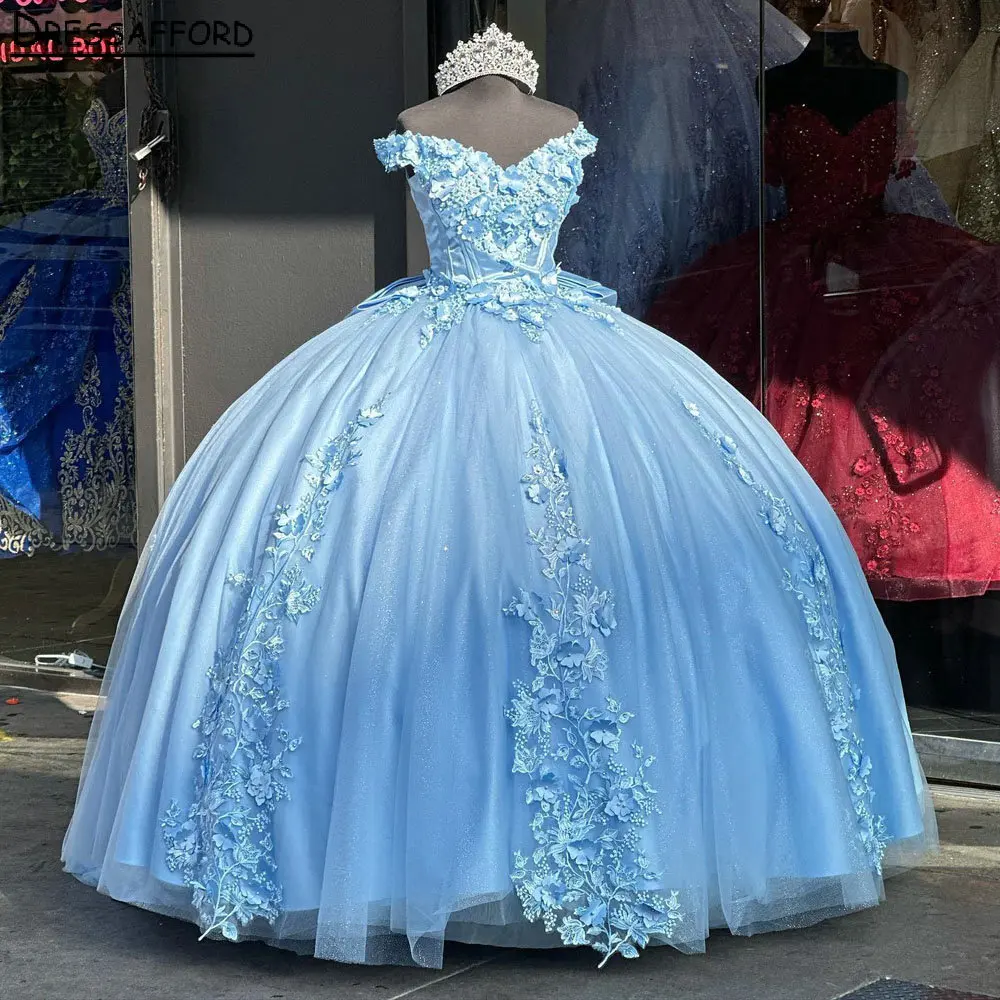 

Light Blue Bow Back Quinceanera Dress Ball Gown Off The Shoulder 3D Flowers Appliques Graduation 7th Vestido De XV Anos