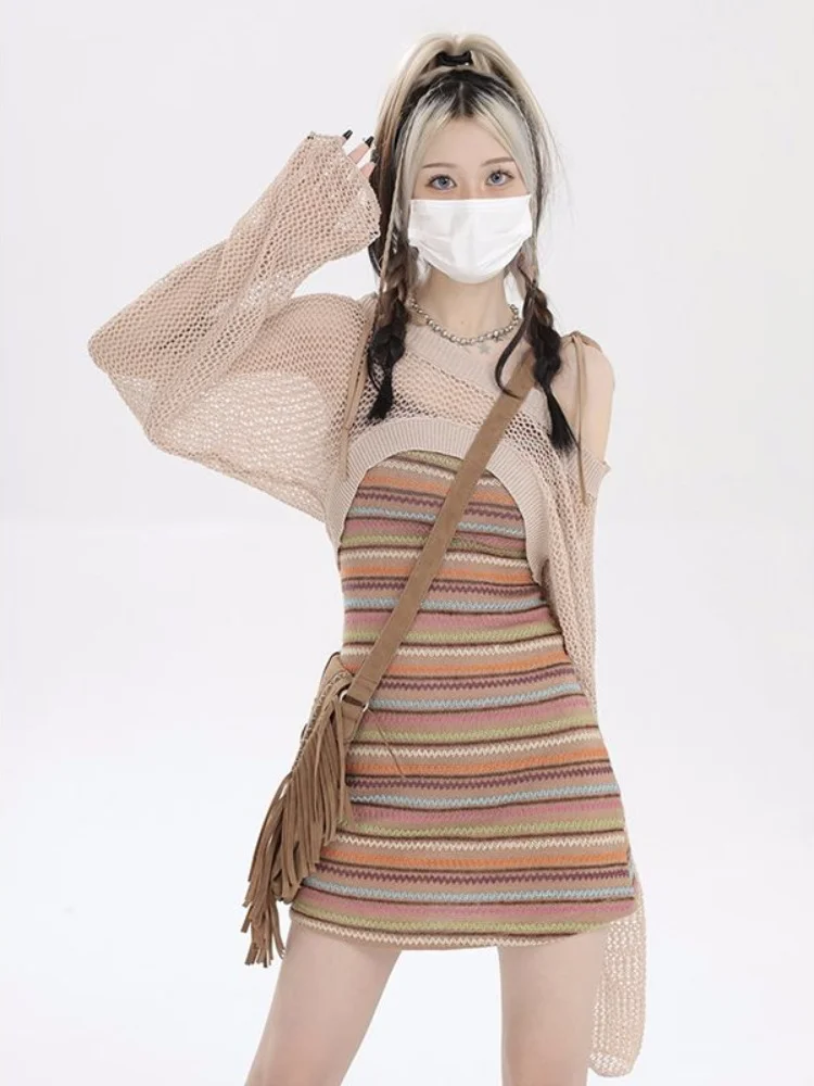 

Sexy Y2k Dress Sets Women Summer Bodycon Slip Dress Striped Streetwear Hot Girl Off Shouldr Korean Fashion Knitted Tops