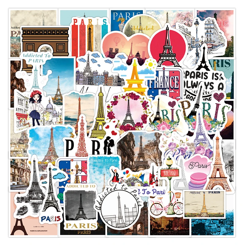 

50pcs Paris Cartoon Graffiti Stickers Album DIY Laptop Luggage Guitar Charming Landscape Romantic Decals Kids Toys Wholesale