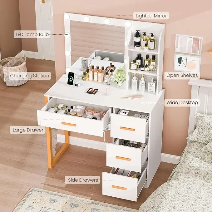 НОВЫЙ туалетный столик с открытыми полками для хранения макияжа зеркалом и