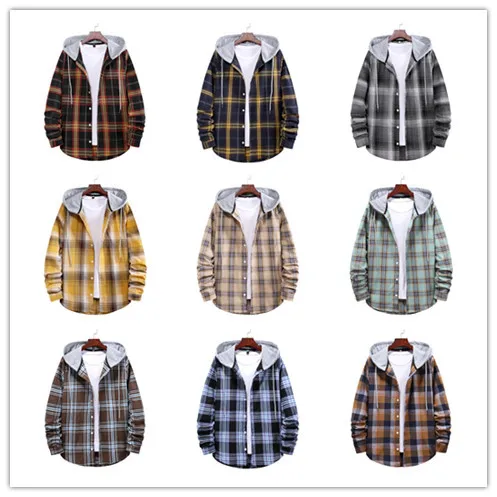 2022   New Men's Casual Loose Plaid Hooded Shirt Large Size Fashion Slim Top Casual Long Sleeve Shirt Handsome Man Mens Shirts