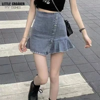 retro ball gown denim mini skirts with belts 2022 summer sashes all match flare umbrella jean short female skirt clothes