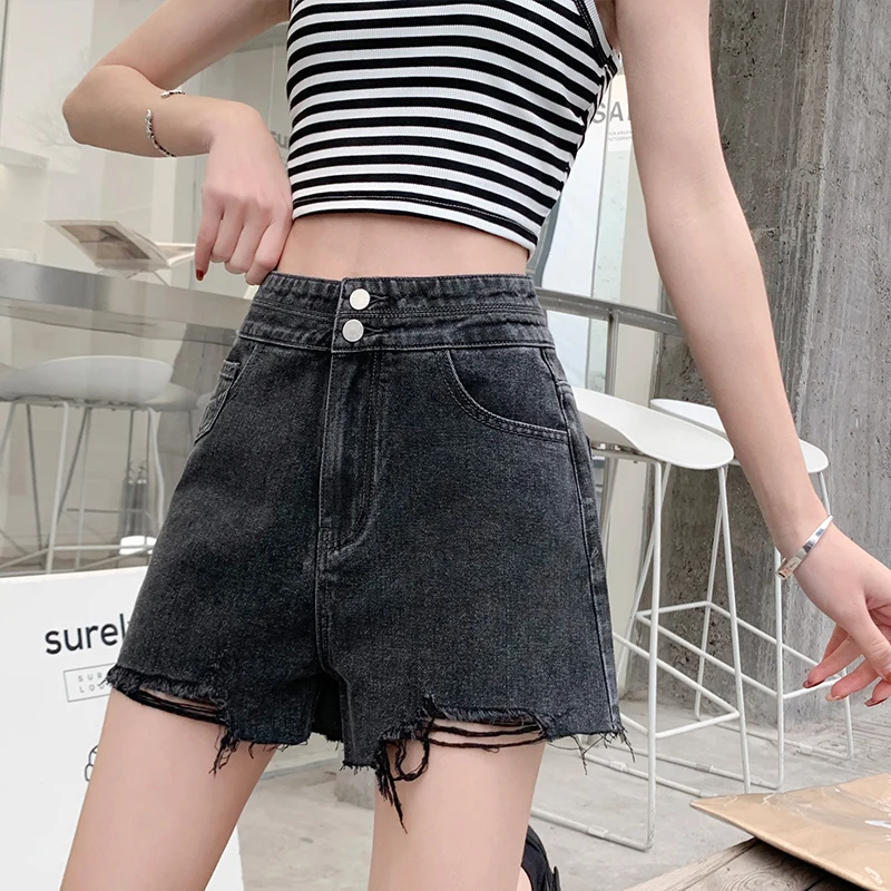 KRCVES 2023 New Women'S Fashion High Waist Two Button Raw Edge To Show Thin Hip Closing Denim Shorts A-Shaped Hot Pants