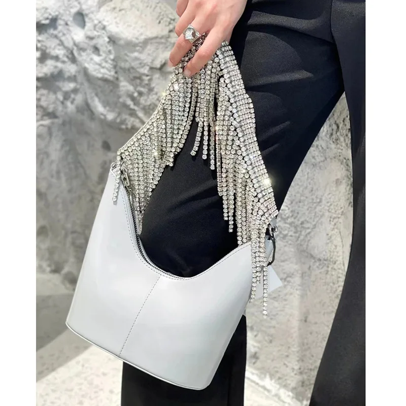 

FIRMRANCH Retro Eye-Catching Temperament Sparkling Rhinestones Tassel Zipper Shoulder Tote Bag Women's Diamonds Purse Handbag