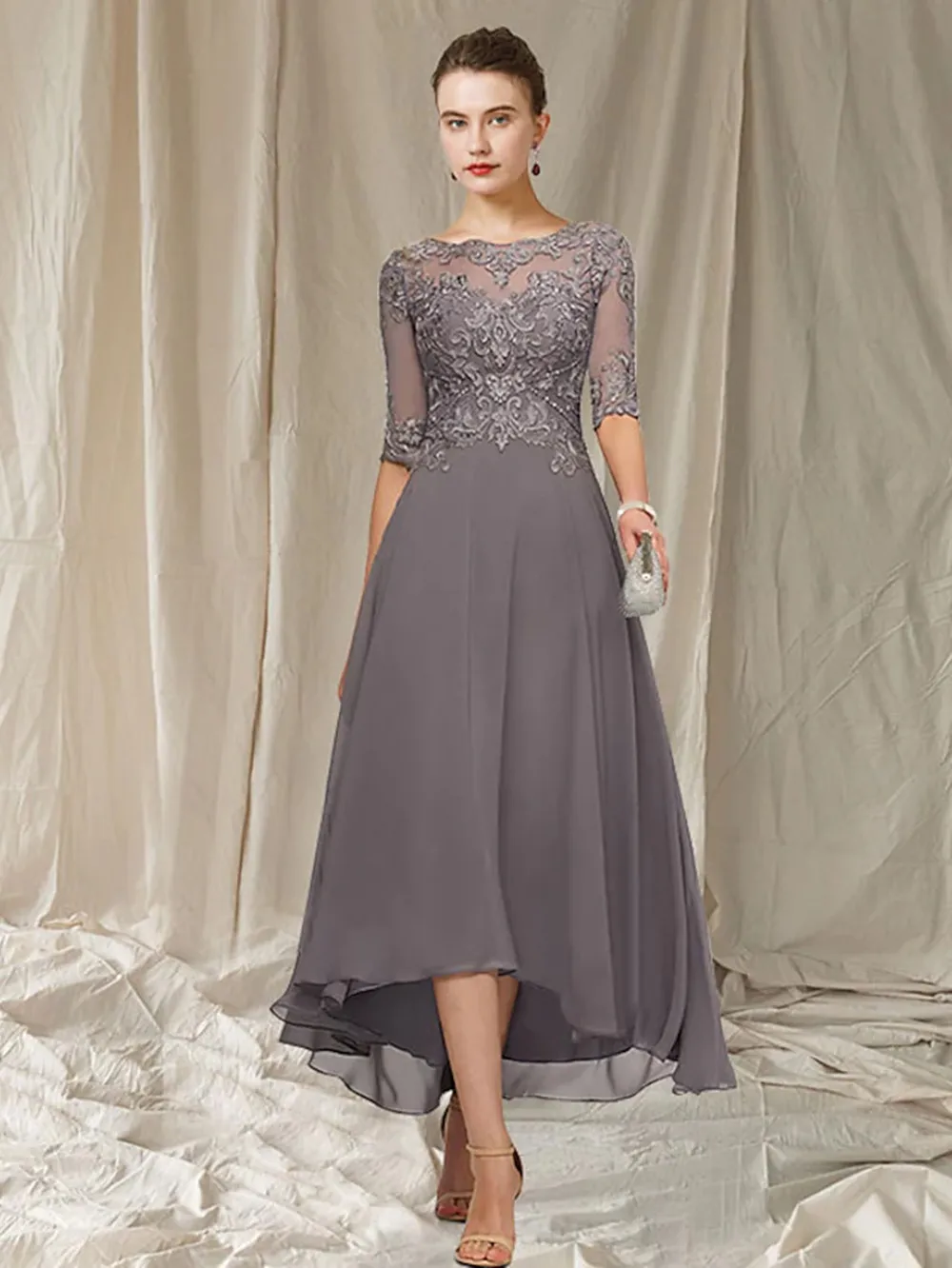 

Elegant A-Line Mother of the Bride Dress Jewel Neck Asymmetrical Ankle Length Chiffon Lace Half Sleeve with Pleats Appliques