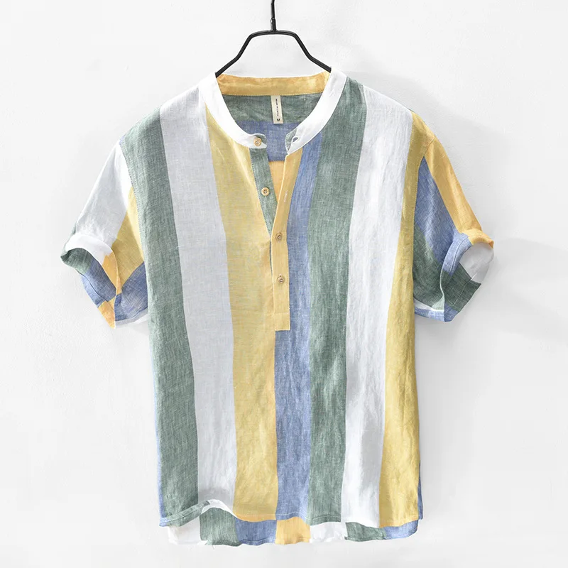 Top Selling Product In 2022 New Summer Linen Striped Shirt Casual Fashion Men's Short Sleeve Stand Collar Shirt Men's Clothing