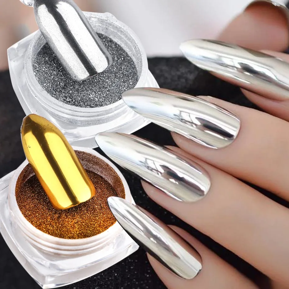 

2pcs Nail Mirror Glitter Powder Gold Silver Metallic Effect Pigment Gel Polish Chrome Flakes Holographic Nail art Decorations