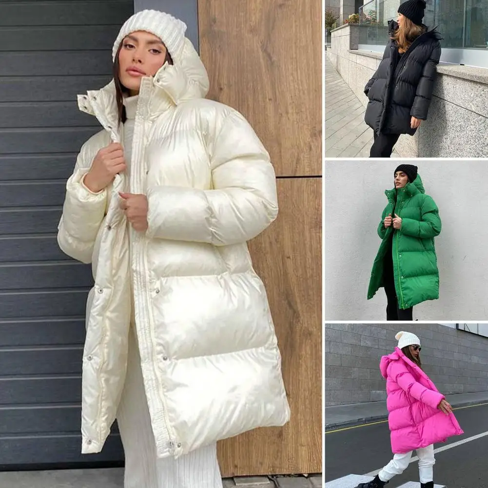 Women Down Coat Hooded Thicken Padded Solid Color High Collar Keep Warm Cardigan Single-breasted Long Sleeves Winter Coat for Ca