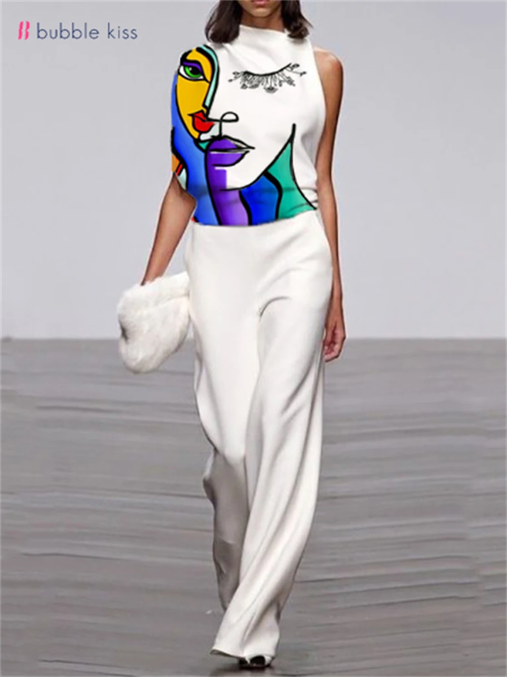 BubbleKiss Summer Fashion Women Jumpsuit Human Head Abstract Print Wide Leg Pants Elegant Office Lady Female Jumpsuit