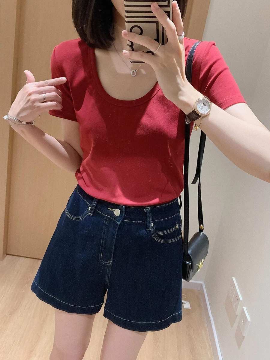 

Short-sleeved women's summer short t-shirt women's new slim fit ll-mtch solid color t-shirt irregulr buttons
