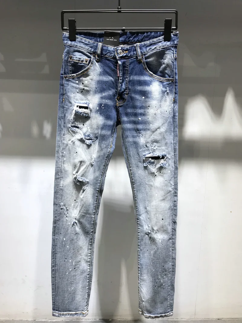 

New DSQUARED2 Men's/Women Fashion Slim-Fit Ripped Patch Jeans, Paint Ripped Ink Micro-Elastic Blue Pants 9612