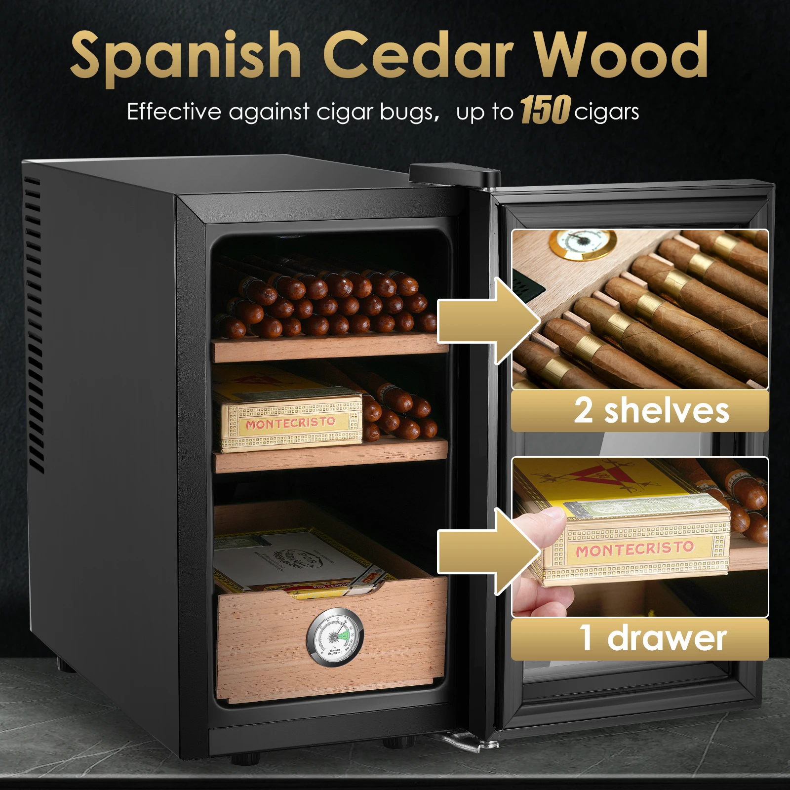 25L Cigar Storage Cabinet 150Pcs Electric Cooler Humidor Cedar Shelf With Hygrometer 46-64°F Adjustable enlarge