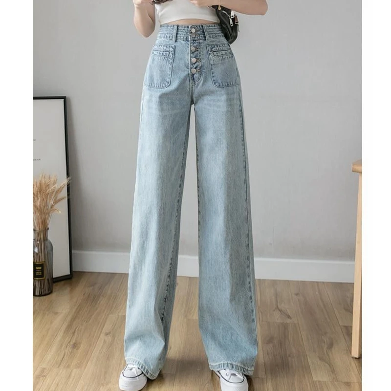 

Джинсы женские с завышенной талией, винтажные прямые штаны из денима с пуговицами и карманами, с широкими штанинами, милые брюки из денима с ...