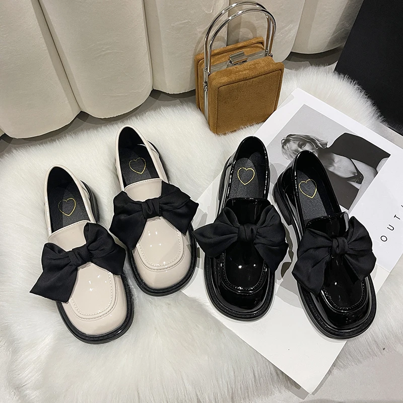 

Womens Derby Shoes Modis Bow-Knot British Style Slip-on Female Footwear Black Flats Leather New 2022 Butterfly Preppy Summer Sli