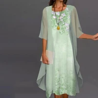 1 set popular office lady cardigan dress floral print large hem spring summer elegant chiffon coat dress for daily wear