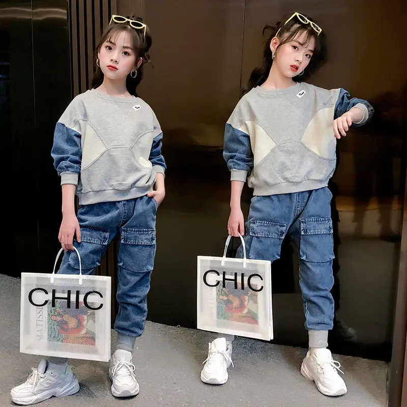 

Spring new children's clothing Boys' grey sweater + denim trousers two-piece set Autumn casual sports suit for girls Large Size
