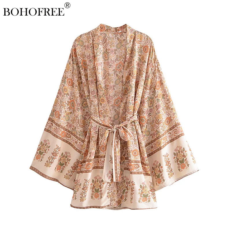 

Multi Floral Print Sashes Kimono Women V Neck Batwing Sleeves Happie Bohemian Short Robe Beach Boho Bikini Cover-up