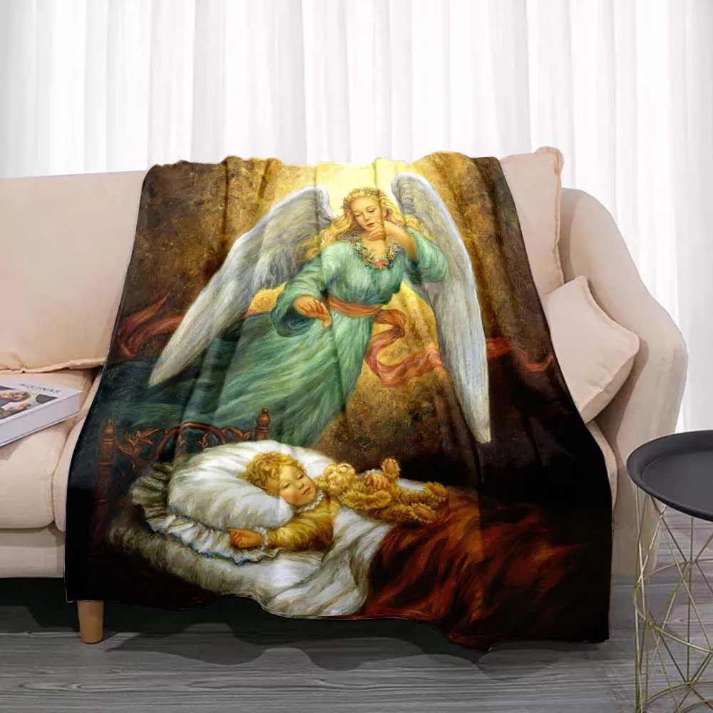 

Flannel Throw Blanket Jesus Protect Children Bedding Kids Living Room Bedroom Blankets Decor Soft Warm Guardian Angel Pattern