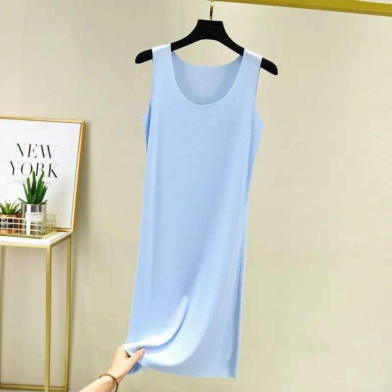 Seamless Sleeveless Full Slips Dresses For Women Summer Plus Size Thin Ice Silk Petticoat Underskirt Sleepwear Nightdress Women