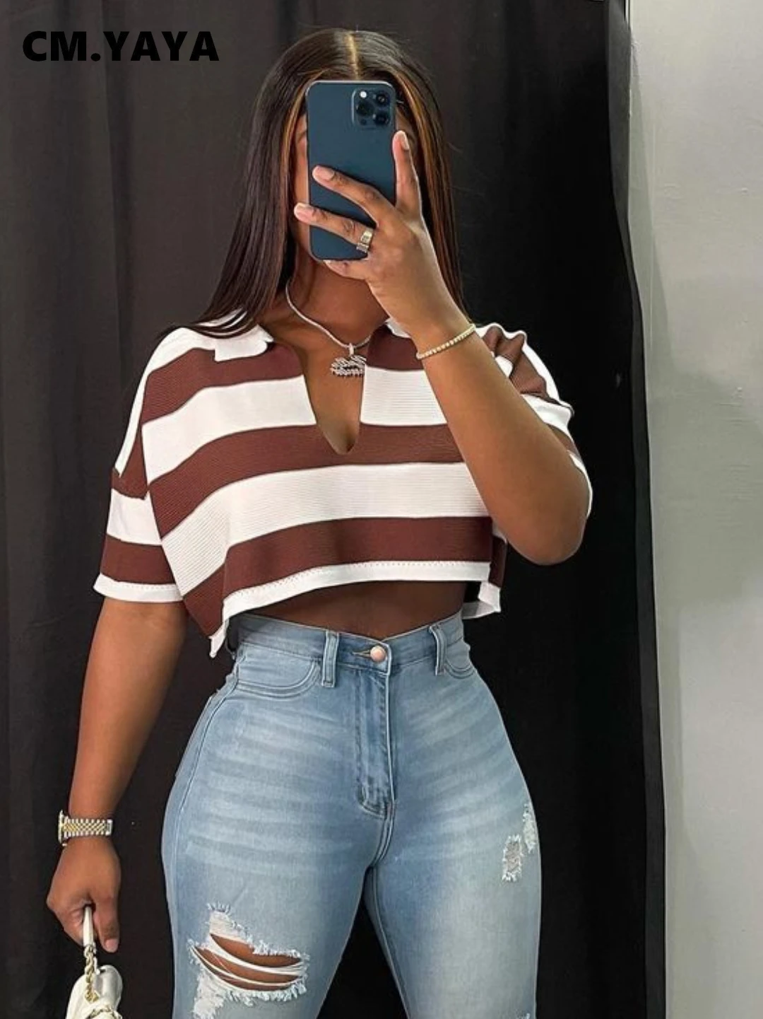 

Мини-Футболка CM.YAYA женская, летняя, в полоску, с коротким рукавом, 2022