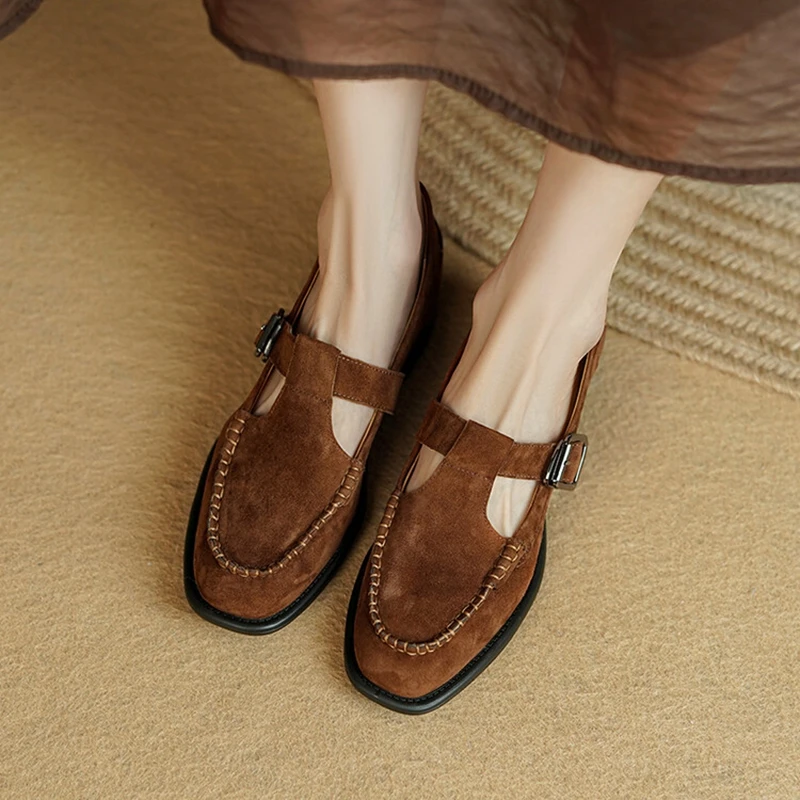 2022 Spring/Autumn Women's Shoes Round Toe Chunky Heel Mary Janes Sheep Suede Women Pumps Solid Brown/Black Brogues Women Pumps