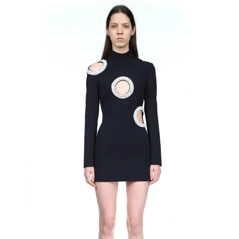 

2022 New Beading Bandages Dress Women Sexy Hollow Out Long Sleeve Clothes Club Party Celebrity Dress