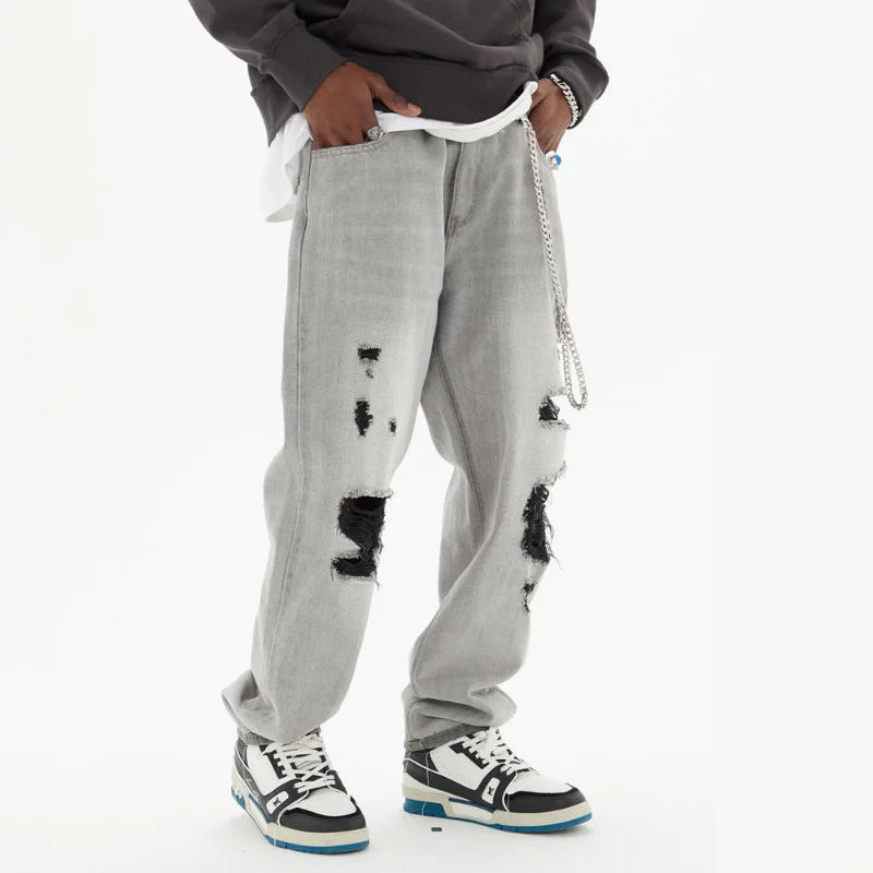DEEPTOWN Y2K Ripped Jeans Men Trousers Male Hole Straight Denim Pants Fashion Hip Hop Streetwear Black Loose Casual Gray Spring