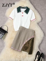 zjyt fashion pearls knitted sweater and skirt set casual womens outfits summer runway designer two piece dress suits female