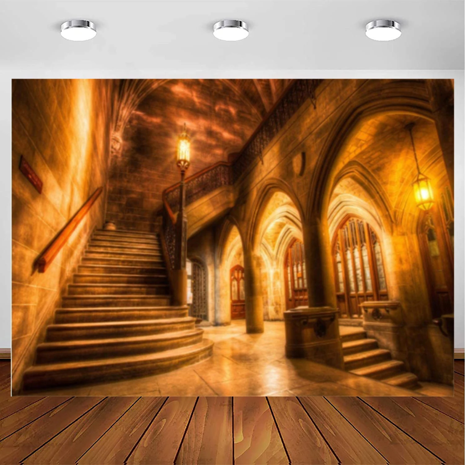 

Vintage Medieval Castle Interior Photography Backdrop Archway Columns Background Old Stairway Dim Light Architecture Pillars