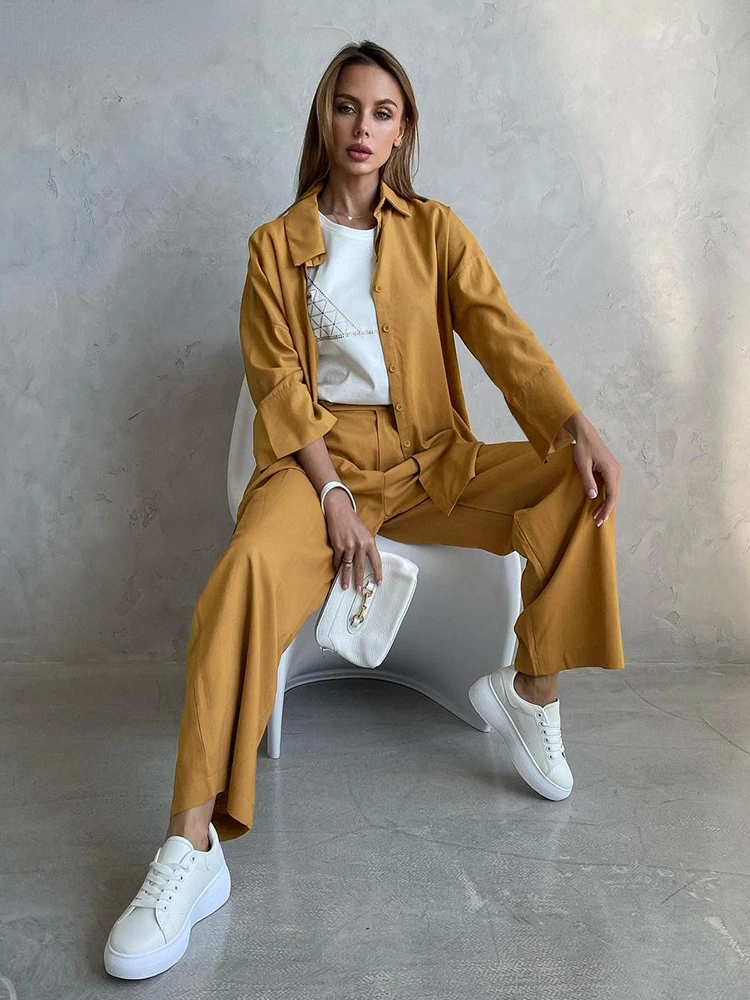 

Sumuyoo 2 Piece Pants Sets Oversized Long Shirt And Trousers Ladies Autumn Casual Outfit Khaki Cotton Linen Suit Female 2022