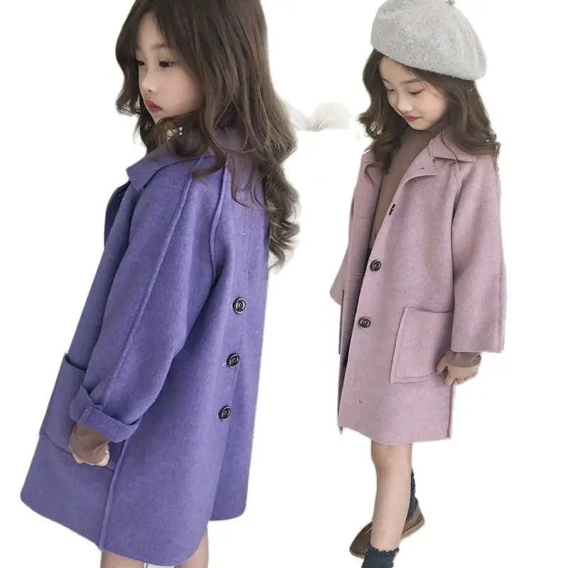 

Girl Wool Coat Autumn Wool Blends Jacket Girl New Fashion Double-Sided Synthesis Coat Mid-Length Casual Children's Clothing