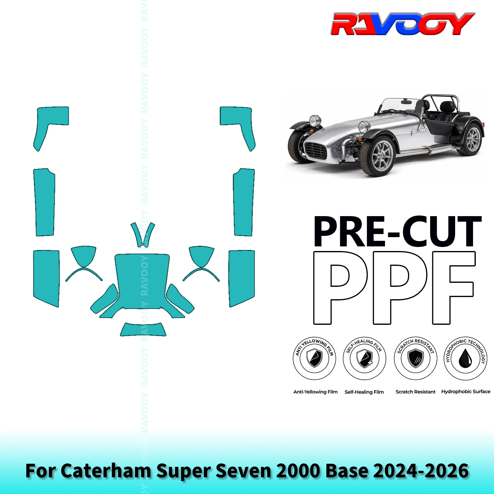 Фото Для Caterham Super Seven 2000 Base 2024-2026 Полный комплект защитной пленки для кузова (передняя часть + боковые части) толщиной 8,5 мил, предварительно вырезанной для покраски. |   Прозрачный/Матовый/Чёрный №1
