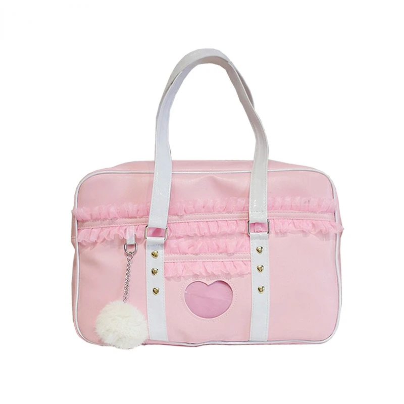 

Japan Kawaii Shoulder Bag Women JK Lace Ruched Handbag Lolita Transparent Heart Hand Bag with Plush Pendant