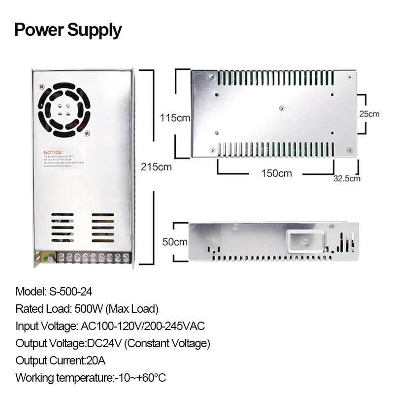 

500W 24V Metal Switch Power Supply AC 220V 110V To DC 24V 20A Driver with Cooling Fan for Stepper Servo Motor CNC Router