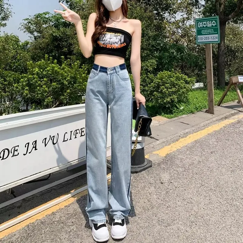 

Женские джинсы с завышенной талией и широкими штанинами, новинка весны 2023, свободные дизайнерские нишевые брюки, модные двухцветные ретро д...
