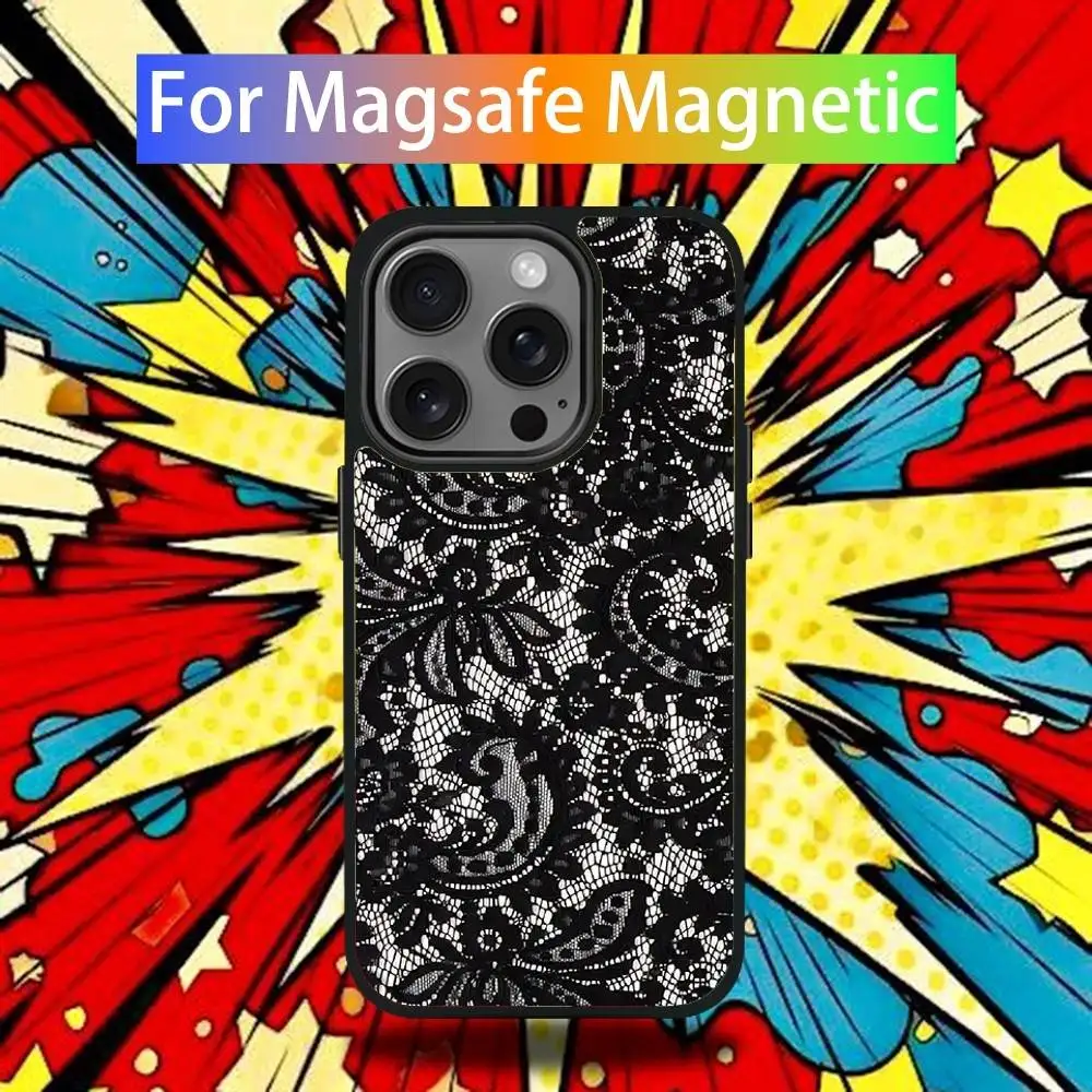 Фото Чехол для телефона с кружевным принтом для iPhone 17,16,15,14,13,12,11,Pro,Max,Plus,Mini,SE4,E с магнитной беспроводной зарядкой Magsafe №3