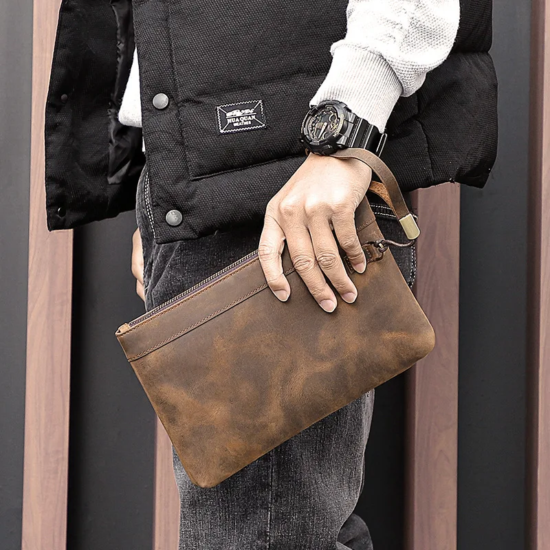 Vintage Clutch Bag Men Genuine Leather Wallet Bag Large Capacity Casual Male Wirstlet Hand Bag Long Purse Clutch for iPad 7.9''