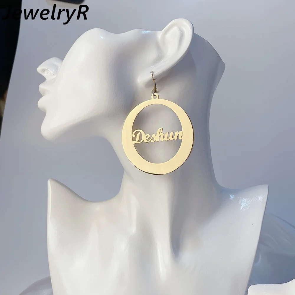 

JewelryR Personality Custom Circle Name Earrings Stainless Steel Letter Stud Earing For Women Hiphop Jewelry Party Brithday Gift