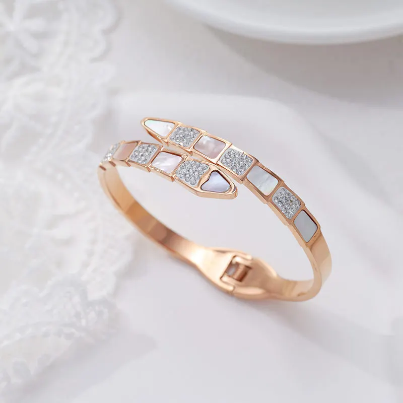 

2022 New Simple Snake-Shaped Full CZ Titanium Steel Bracelet Female Ins Style Fashionable Golden Gold-Plated Open Bracelet