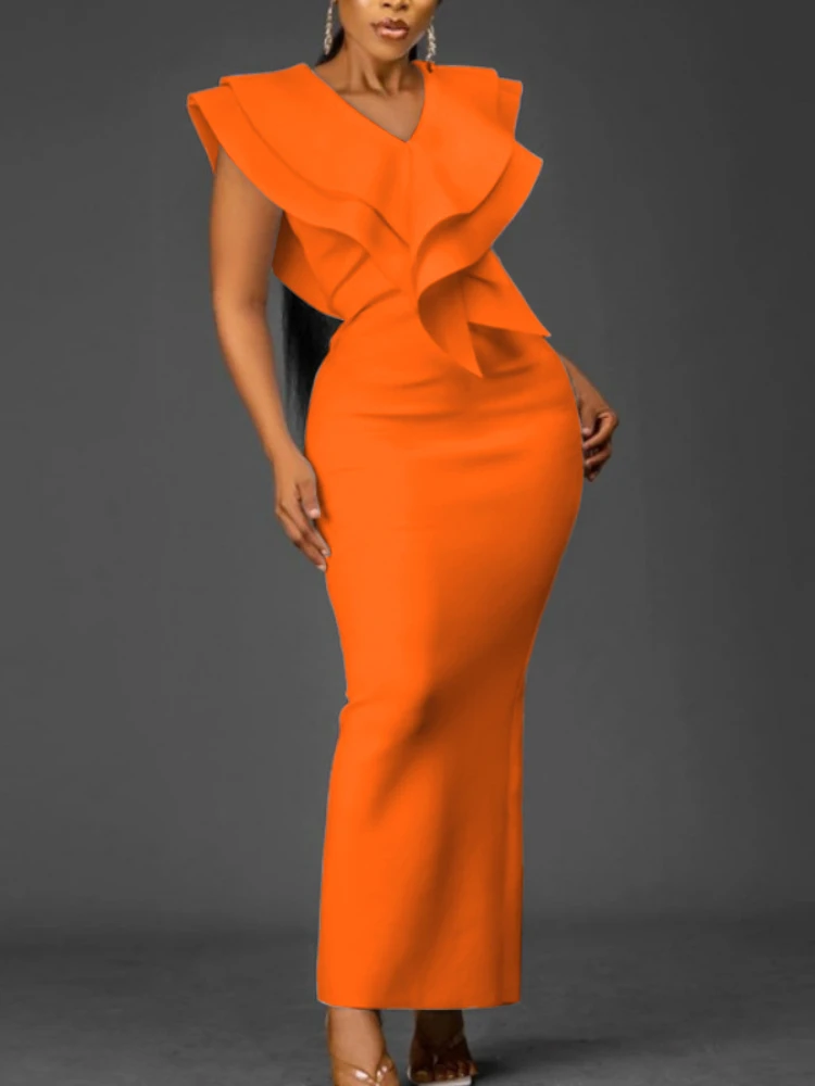 

Women Elegant Dress Ruffle V Neck Slim Evening Party Sexy Occasion Bodycon Christmas Night Out Celebrate Female Package Hip Robe