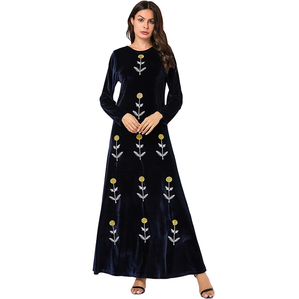 

Eid Mubarak Women Velvet Long Dress Flower Embroidery Abaya Dubai Kaftan Arabic Robe Islamic Clothing Winter Warm Caftan Abayas