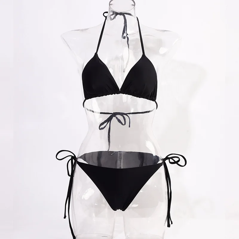 

2023 European and American Sexy Bikini Split Solid Color Lace-up Swimsuit Halter Women's Swimsuit