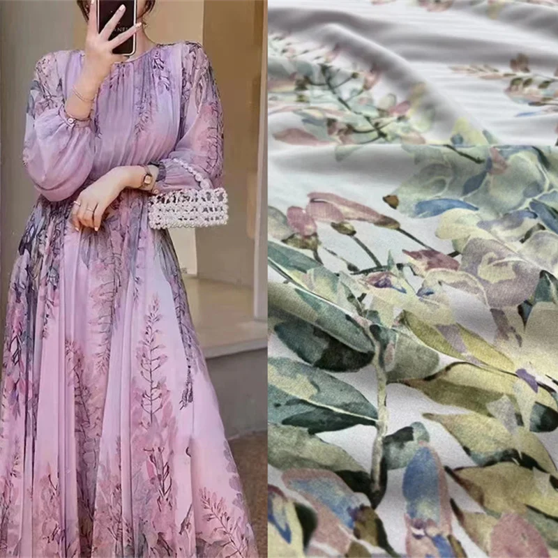 

New 18 Mommy Stretch Silk Crepe De Chine Floral Print Haute Couture Shirt Dress Satin Silk Fabric Charmeuse Eco-Friendly Cloth