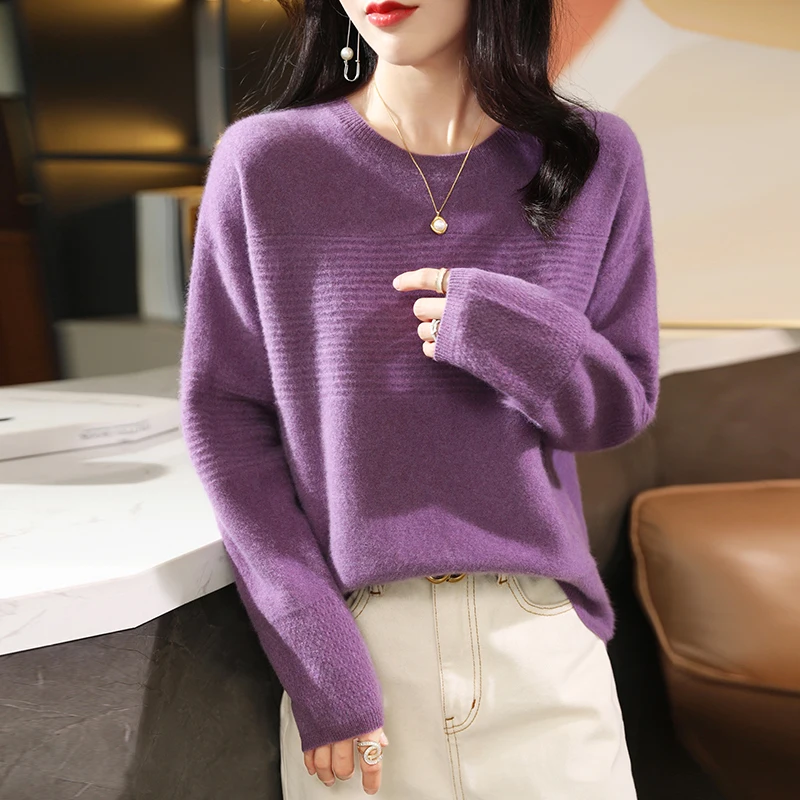 Вязаный пуловер из 100% чистой шерсти женский жаккардовый свитер с круглым вырезом