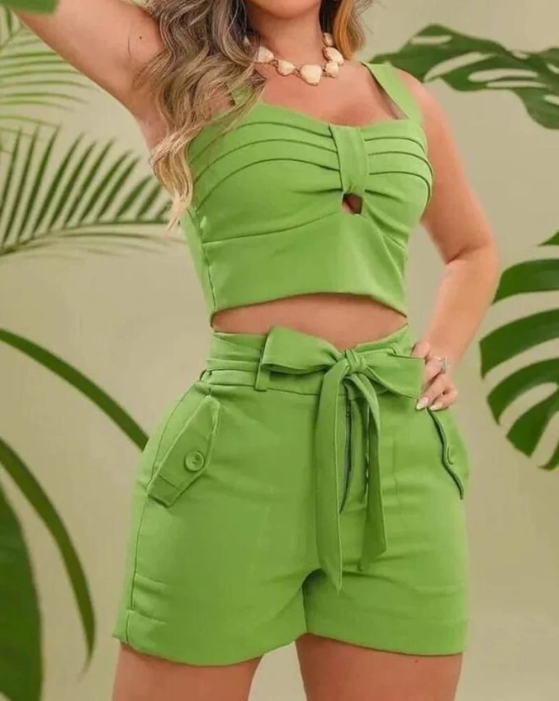 

Sleeveless Crop Top & Tied Detail Shorts Set Women Short Summer Spring Camis Tanks Tops High Waist Shorts Pants Sexy