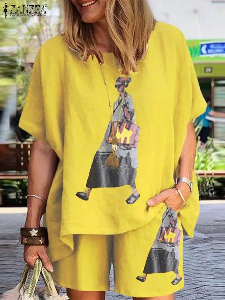 

ZANZEA Summer Women Printed Matching Sets Half Sleeve O-Neck Side Pockets Blouse Wide-legged Beach Short Pant Trouser Sets 2022