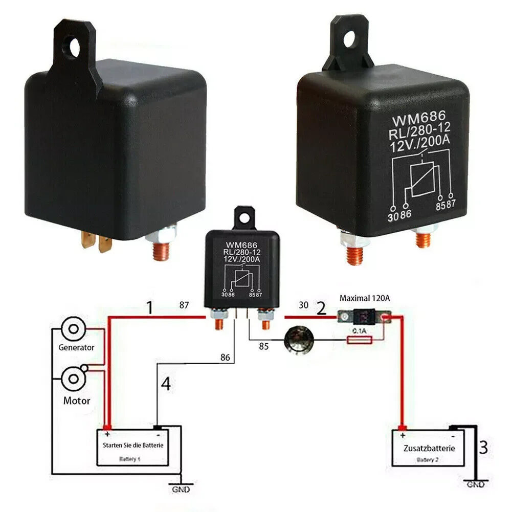 

4Pin Over 200A 12V-24V Dual Battery Isolator Relay Start On/Off Car Power Switch Isolating Relay M6 Terminal Automotive Relay