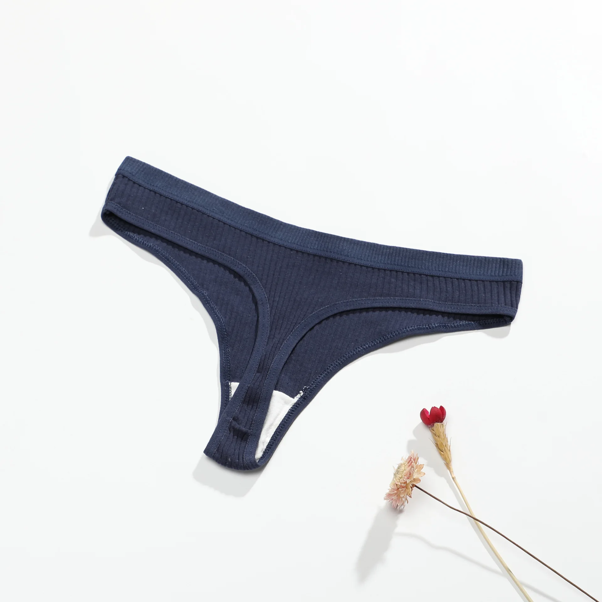 

Women's Panties Thong Mid Waist Seamless Ribbed T-shaped Underpants Comfortable Cotton G-strings Solid Underwear Female Lingerie