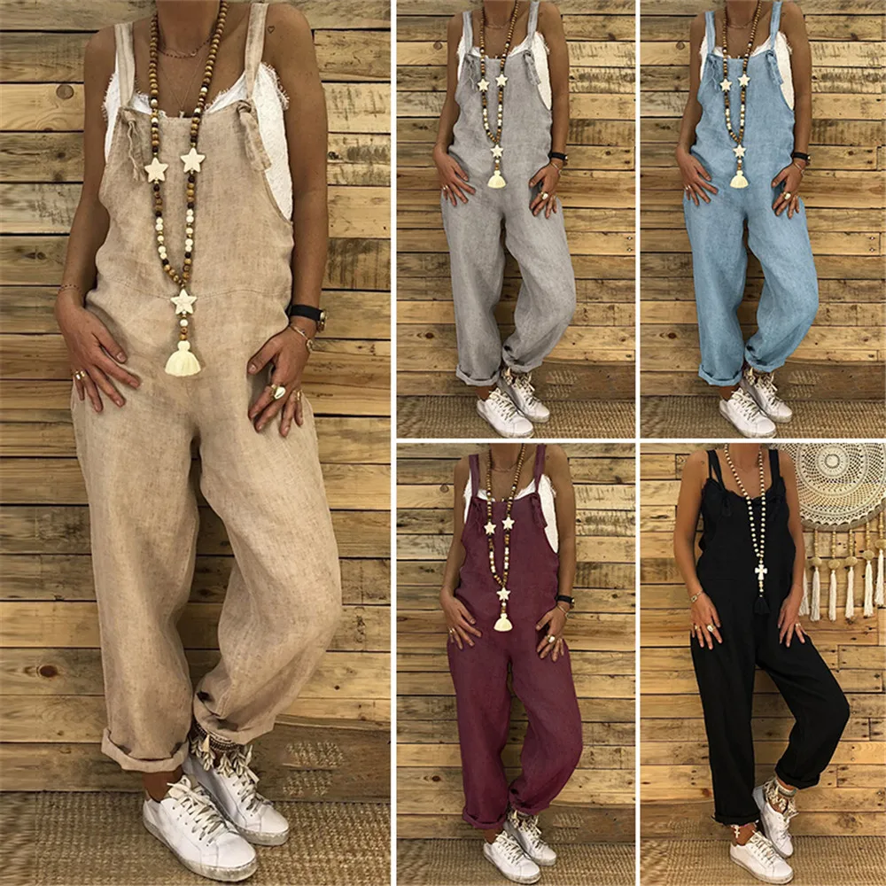 

Women Casual Solid Jumpsuits Vintage Summer Strappy Cotton Linen Loose Harem Bib Overalls Wide Leg Pant Lace Up Long Rompers